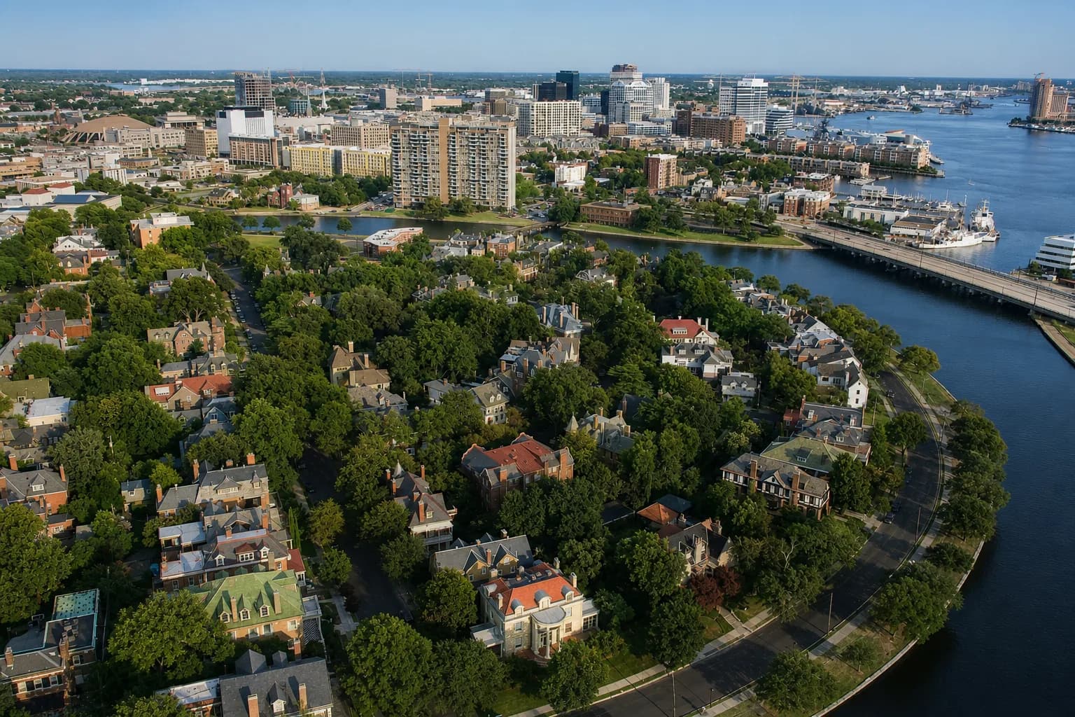Historic tree-lined street in Ghent, Hampton Roads