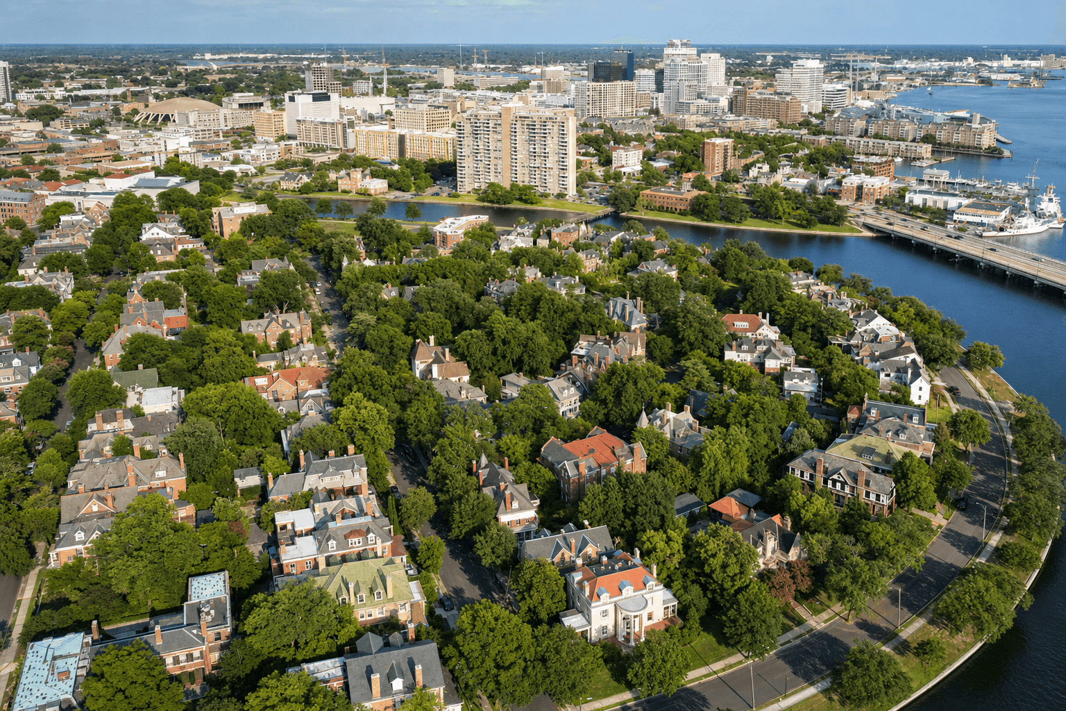 Historic tree-lined streets in the Ghent neighborhood of Norfolk