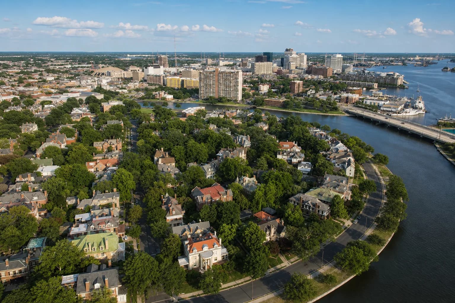 Historic tree-lined streets of Ghent in Norfolk, Virginia