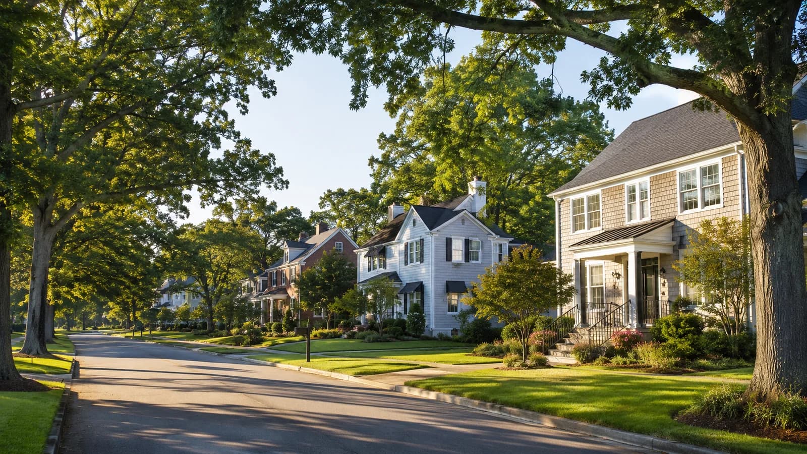 Historic homes on a tree-lined street in Ghent, Norfolk