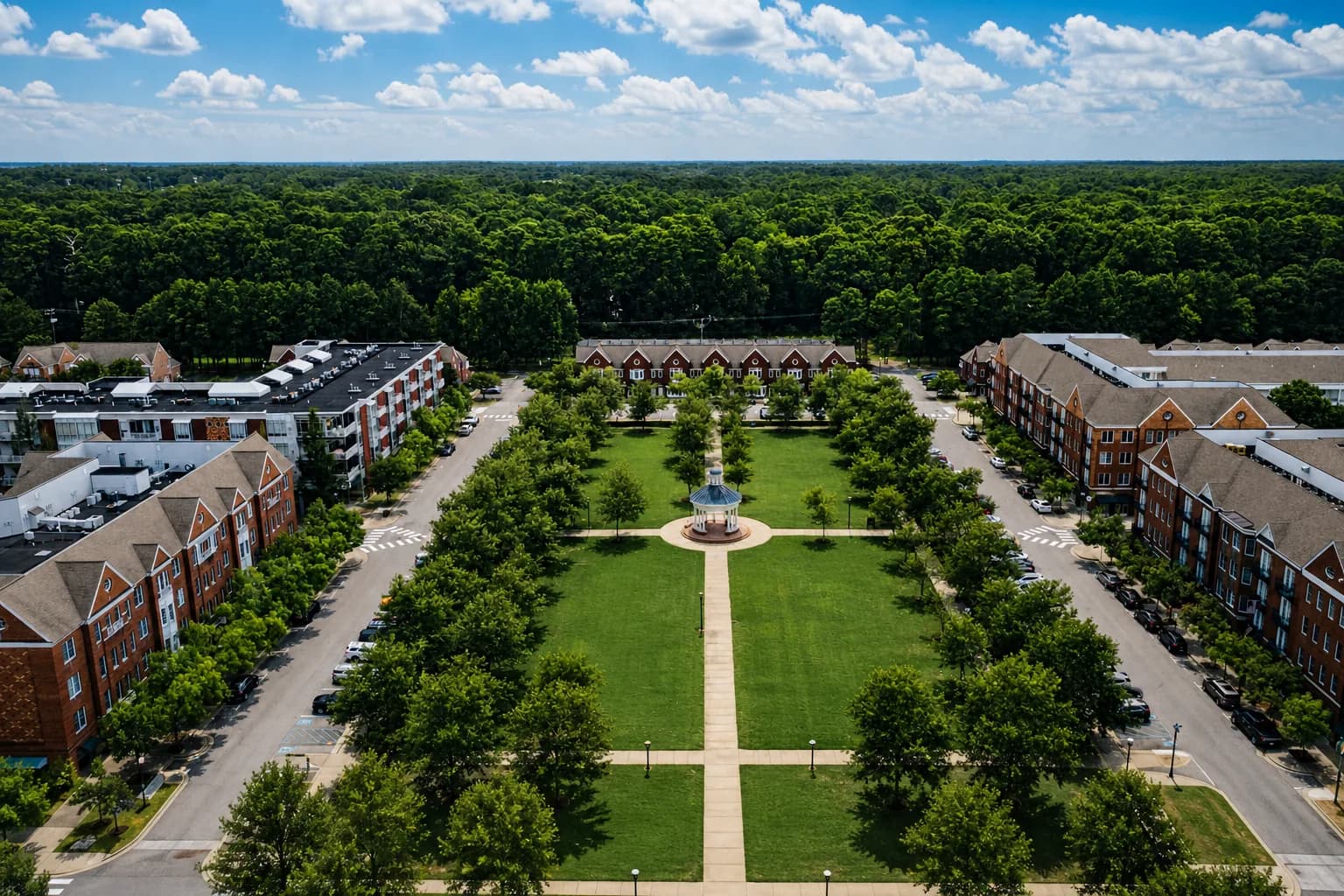 Tree-lined streets and town center in Port Warwick, Newport News