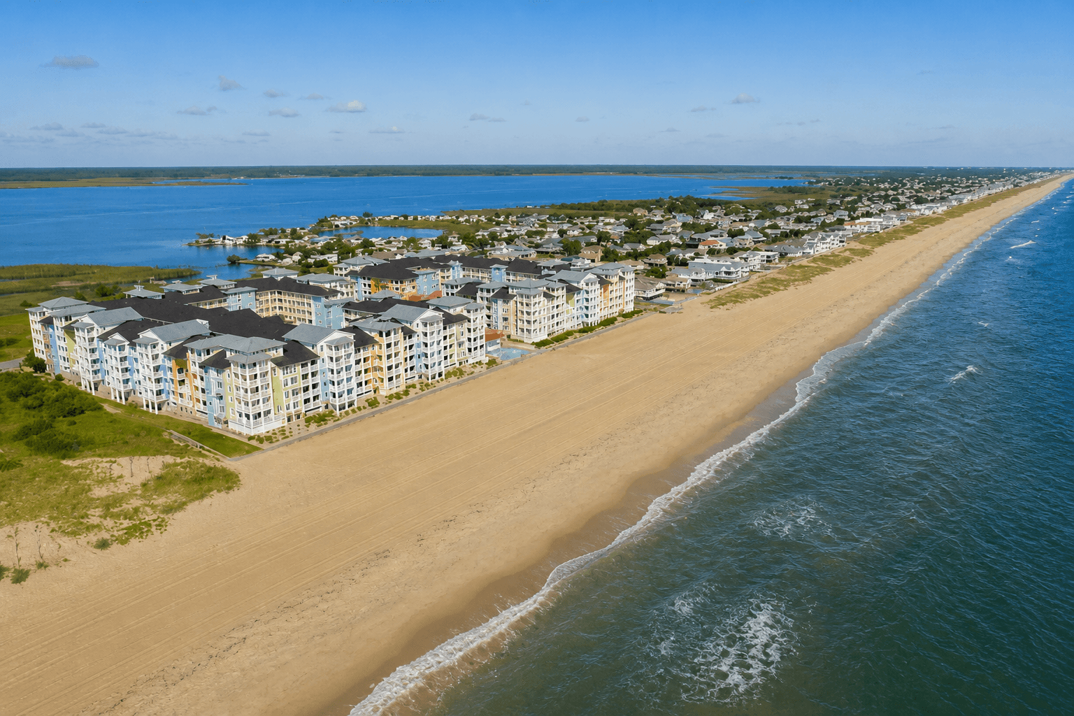 Beach homes along the shoreline in Sandbridge, Virginia Beach