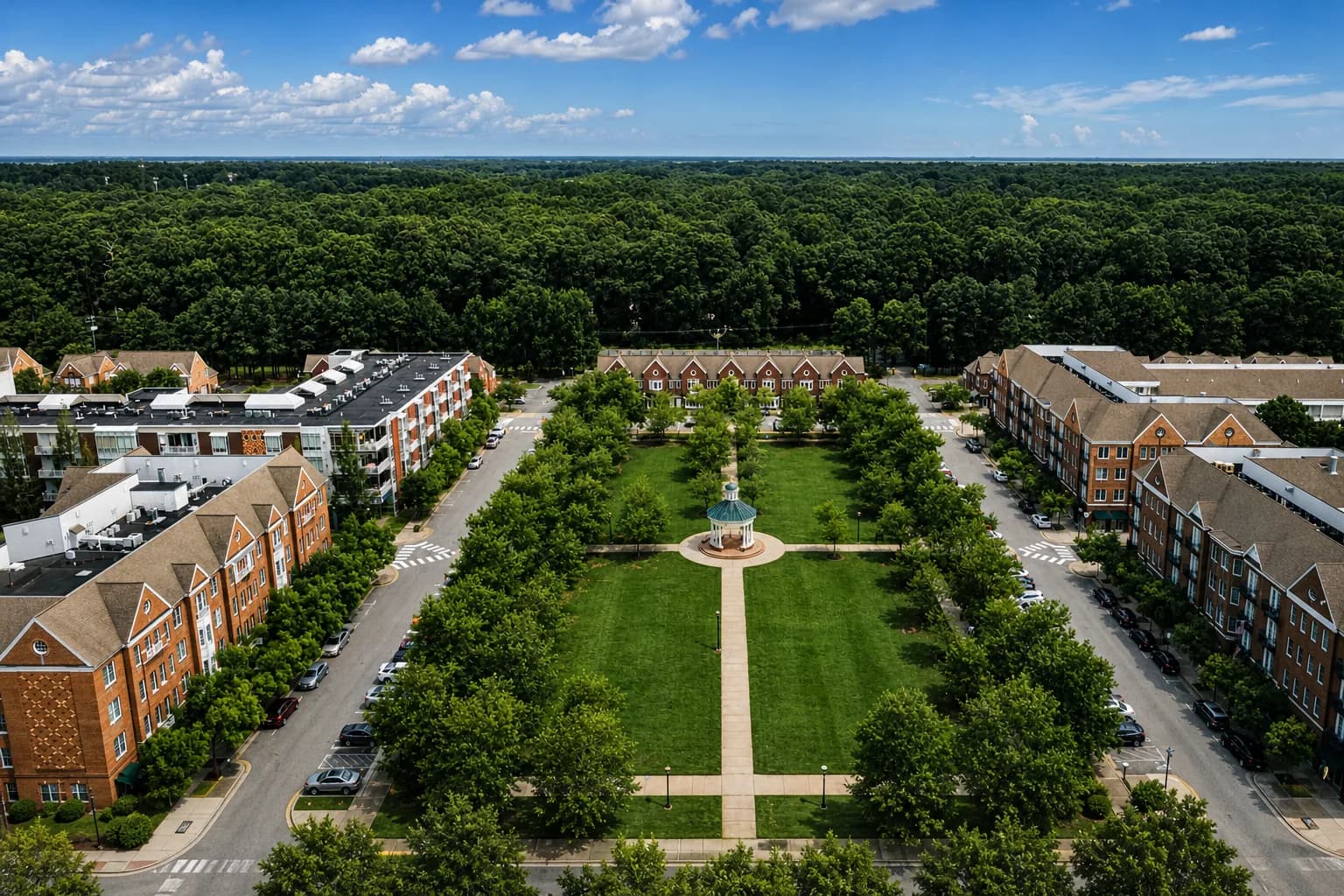 Tree-lined residential blocks in Port Warwick, Newport News