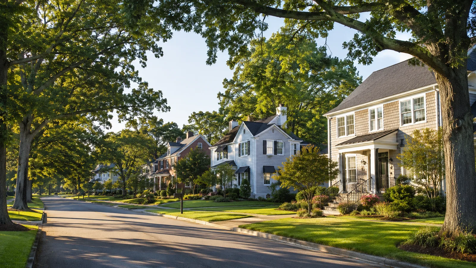 Tree-lined residential street in Great Neck, Virginia Beach